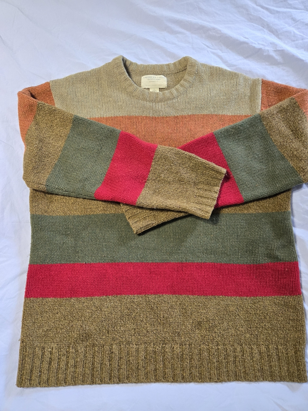 Striped Crewneck Sweater in Olive, Red & Tan